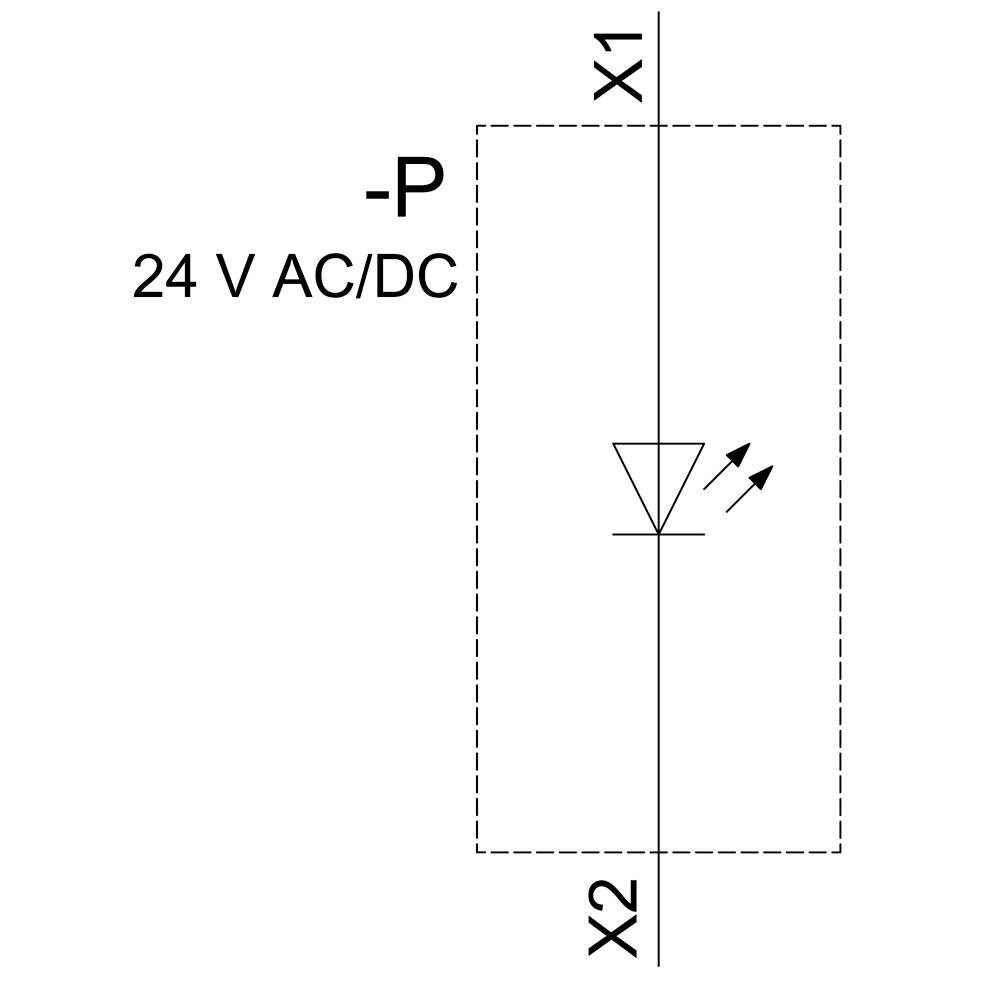 Schéma de composant électronique avec diode, marqué '+P', '24 V CA/CC', avec deux points de connexion 'X1' et 'X2' sur les côtés.
