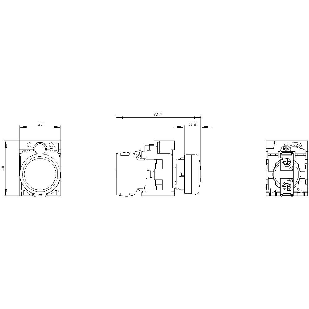 Dessin technique d'un interrupteur rond avec dimensions. Vue de dessus et vues latérales montrant la largeur, la profondeur et la structure de l'interrupteur.
