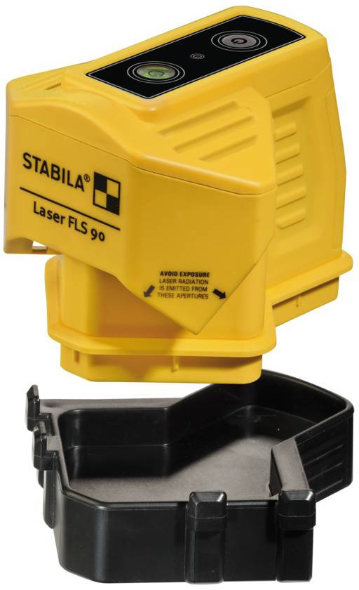Appareil laser jaune 'STABILA Laser FLS 90' avec boîtier noir et support noir correspondant.