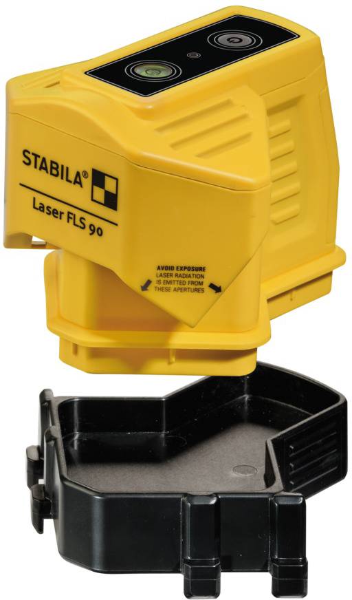 Un niveau laser jaune de la marque Stabila avec un boîtier de protection noir en dessous, utilisé pour un alignement précis.