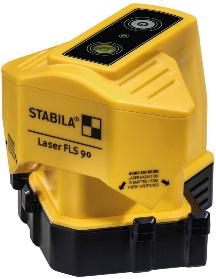 Un appareil laser STABILA FLS 90 jaune, utilisé pour des mesures laser dans le cadre de travaux de construction. Le texte avertit des dangers des rayonnements laser.