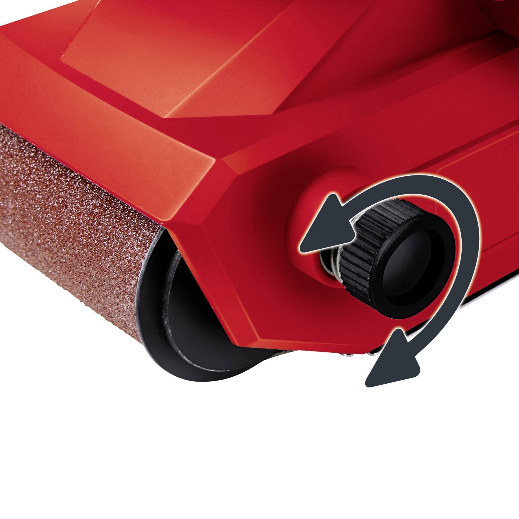 Ponceuse à bande rotative avec bande abrasive et bouton rotatif de réglage de vitesse, idéale pour les travaux sur bois.