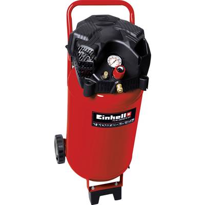 Compresseur d'air portable rouge avec boîtier moteur noir, manomètre, bouton de commande, poignée de transport et logo Einhell sur le réservoir.