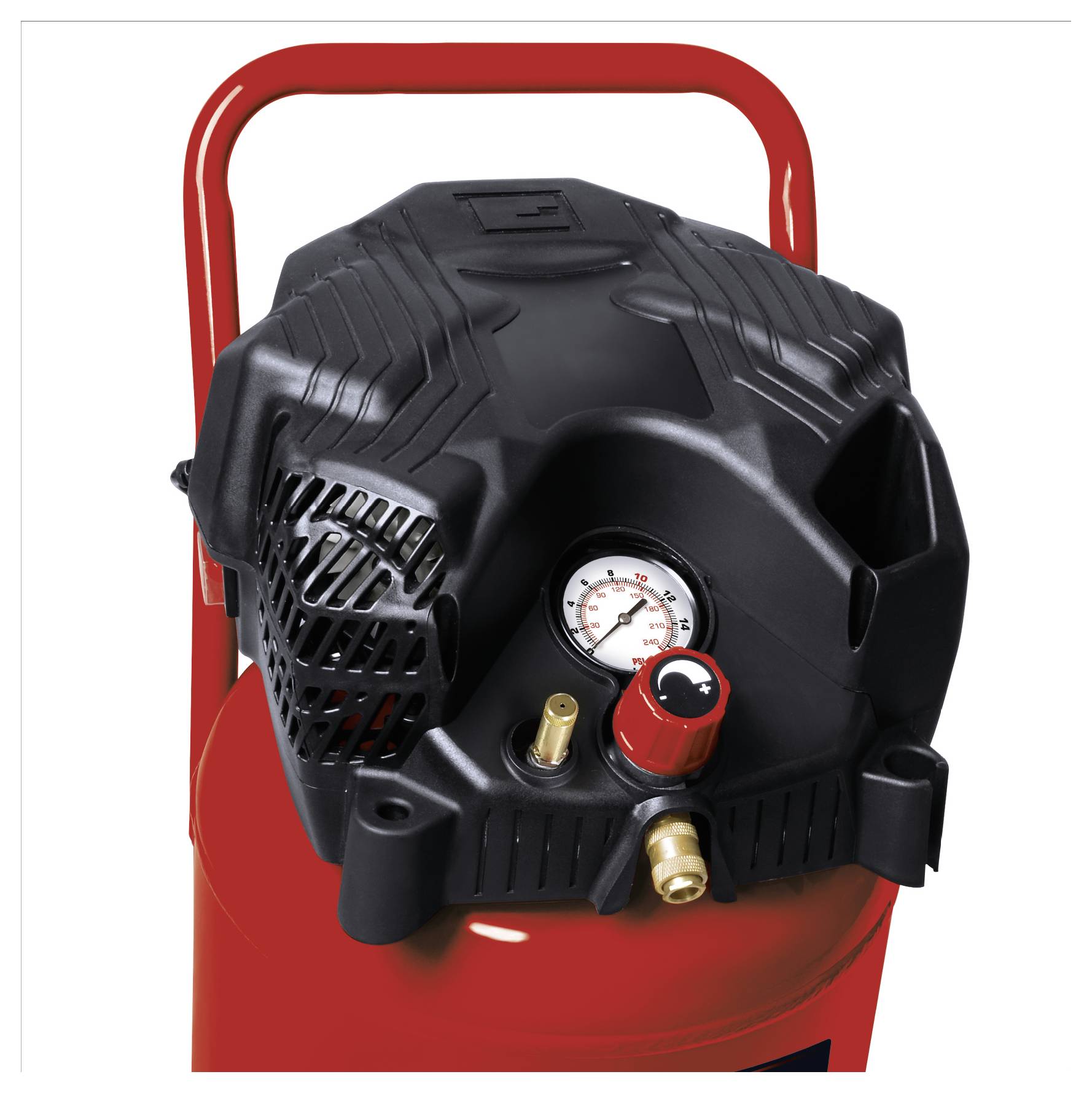 Compresseur d'air portable avec carter de moteur noir, manomètre et raccords en laiton sur un réservoir rouge.