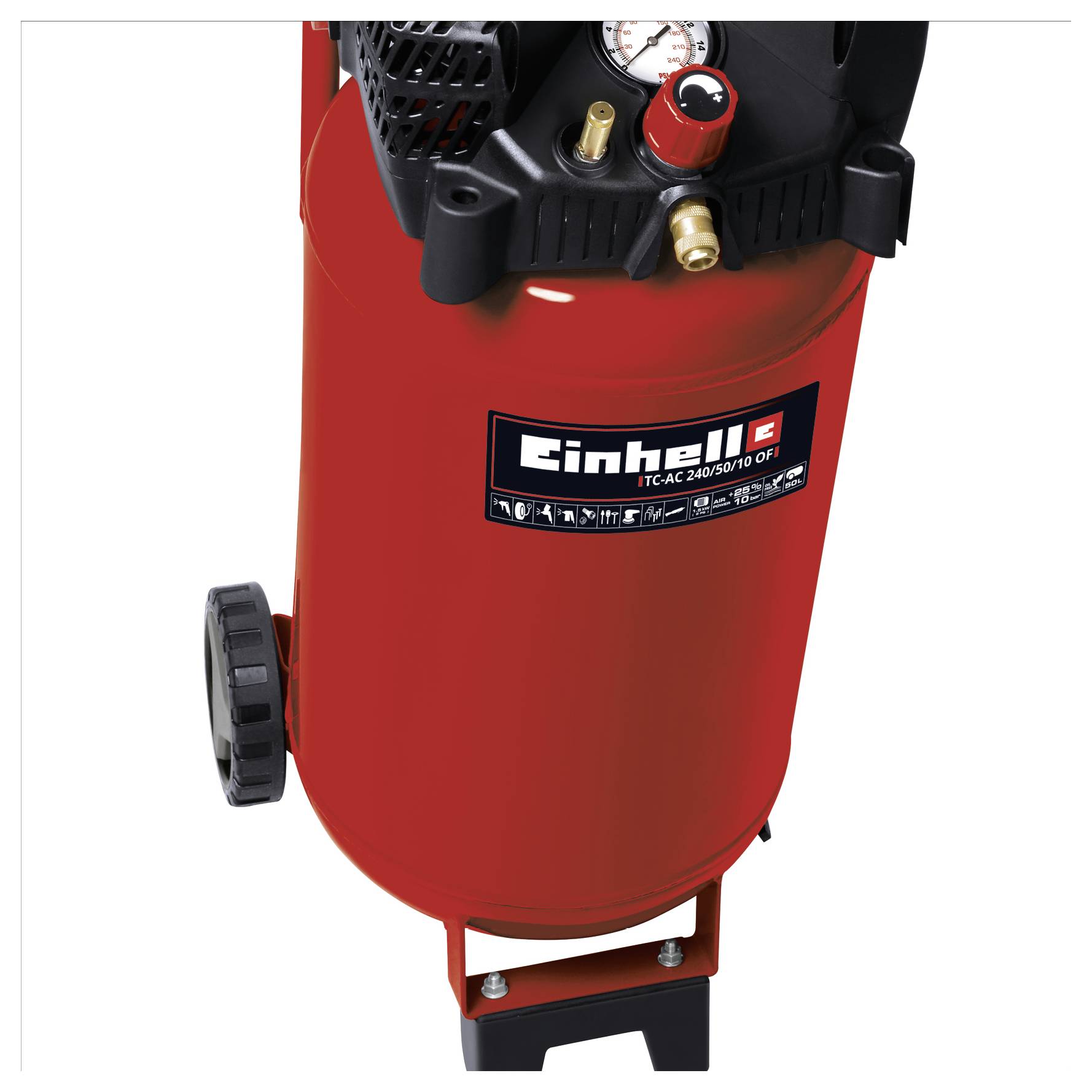 Réservoir de compresseur d'air Einhell rouge avec manomètre de pression, bouton de commande et roues sur fond blanc.