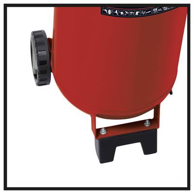 Gros plan d'une machine rouge sur roues avec un bouton d'ajustement noir et un socle de support, présenté sur un fond blanc.