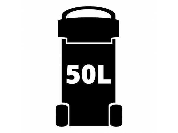 Pictogramme noir d'un conteneur à roulettes avec l'inscription '50L', symbolisant une capacité de 50 litres.