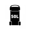 Pictogramme noir d'un conteneur à roulettes avec l'inscription '50L', symbolisant une capacité de 50 litres.