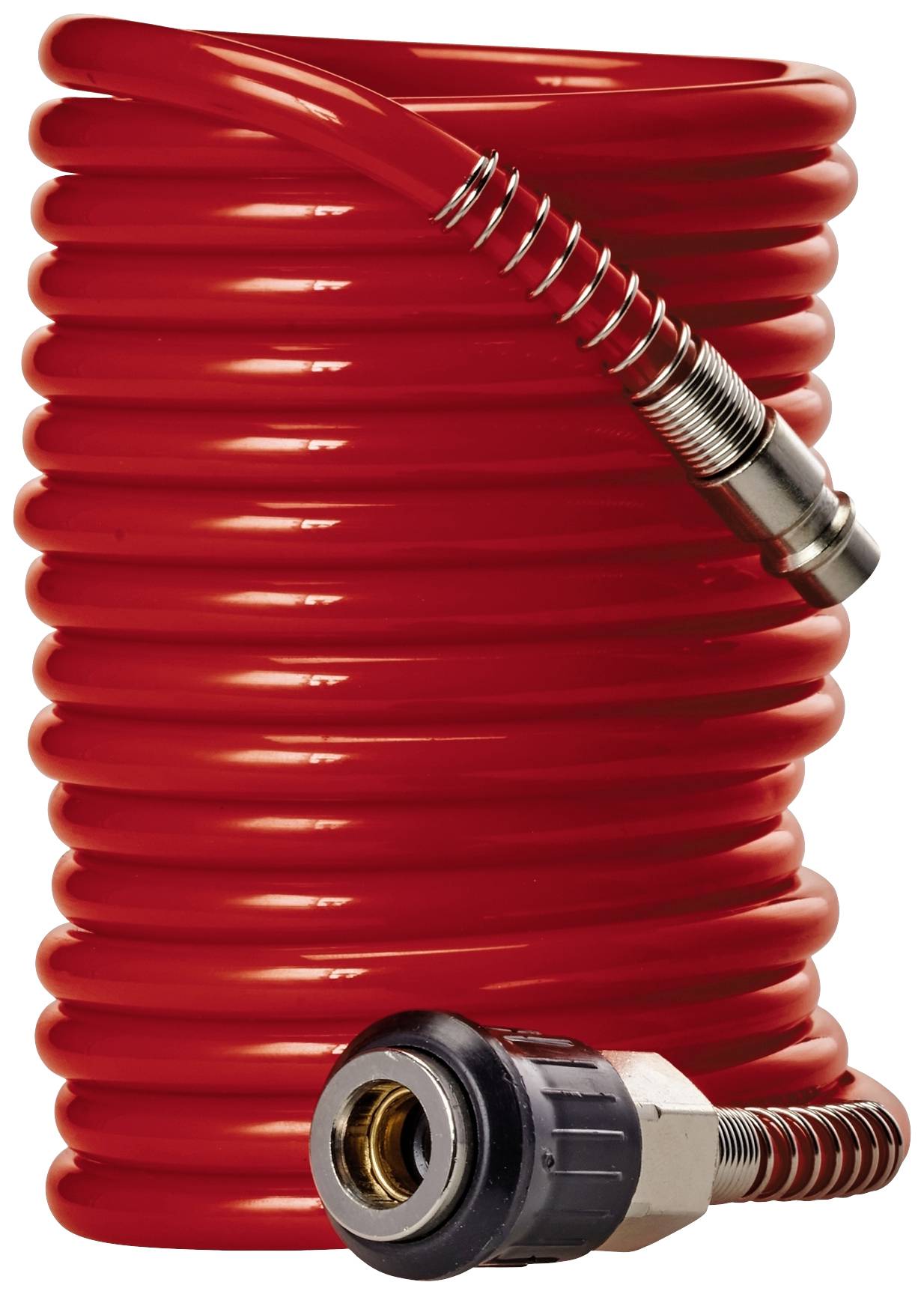 Un tuyau pneumatique rouge, en spirale, avec des raccords métalliques aux deux extrémités, empilé verticalement.