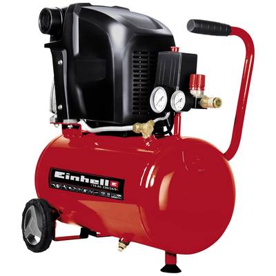 Un compresseur Einhell rouge avec deux manomètres et un moteur noir. Il est monté sur roues et dispose d'une poignée rouge pour le transport.