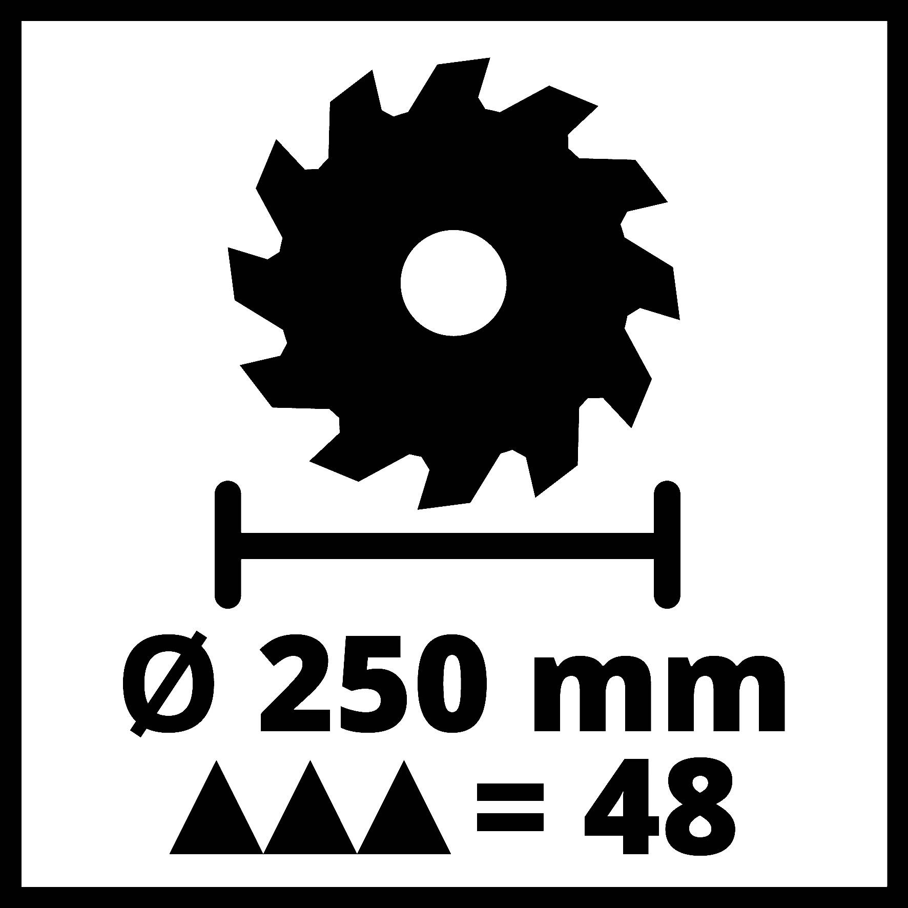 Symbole d'un engrenage au-dessus d'une ligne portant l'inscription Ø 250 mm, à côté de trois triangles et du chiffre 48. Signifie configuration de sciage.