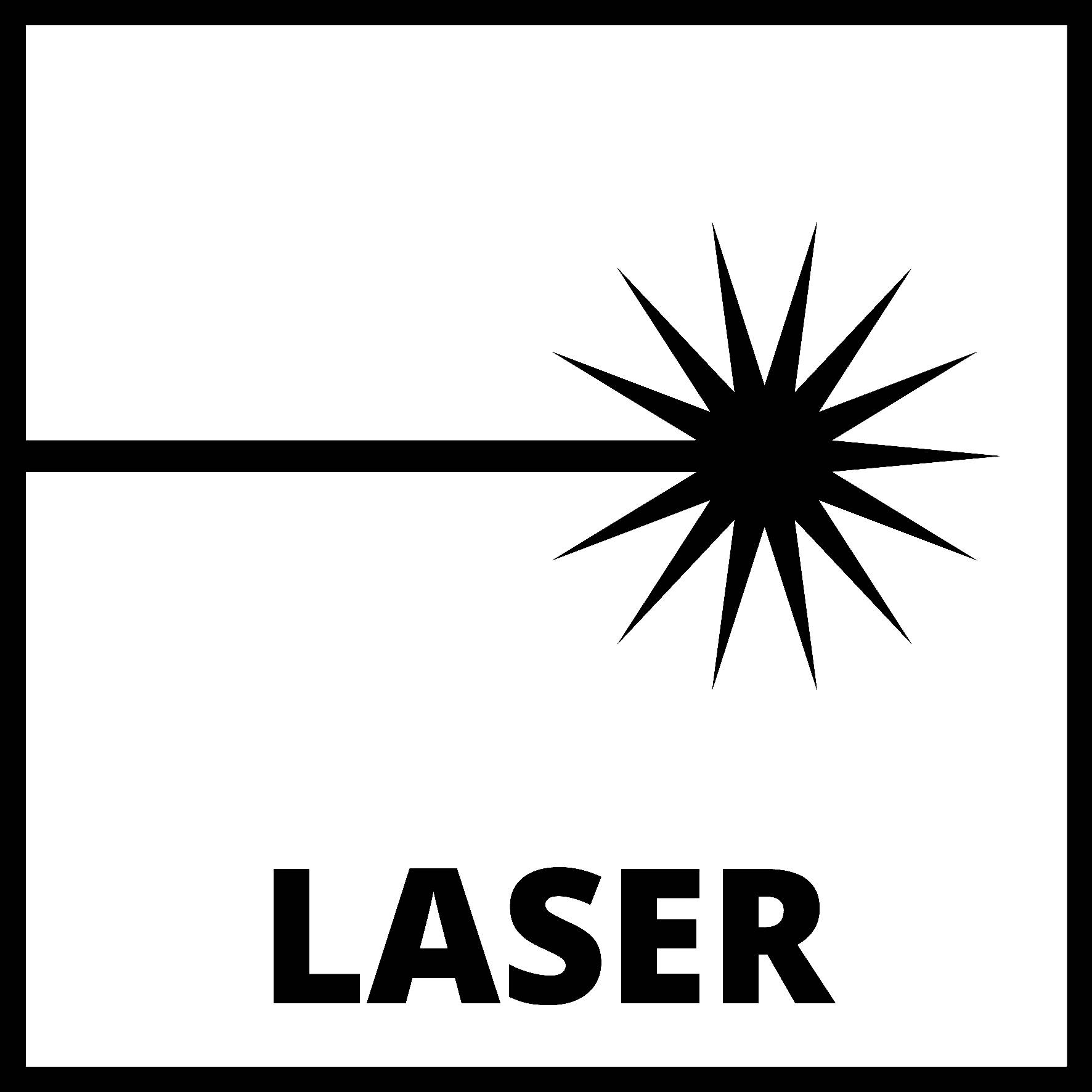Avertissement - Symbole de rayon laser avec motif de rayonnement. Texte en dessous : LASER.