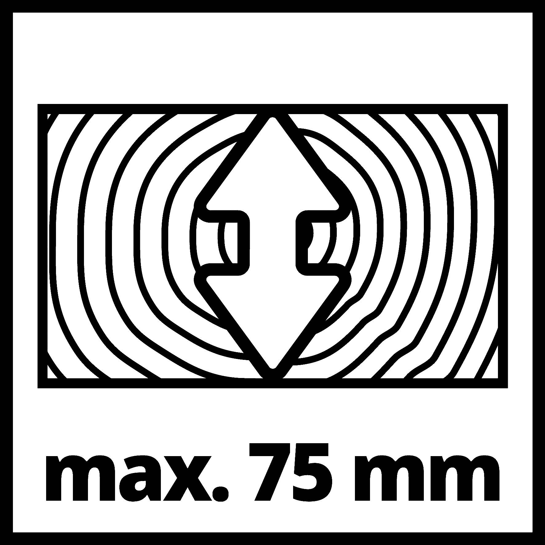 'Symbole indiquant l'allongement maximal du bois : Double flèche sur le grain du bois, avec le texte "max. 75 mm" en dessous, indique l'allongement maximal.'