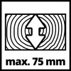 'Symbole indiquant l'allongement maximal du bois : Double flèche sur le grain du bois, avec le texte "max. 75 mm" en dessous, indique l'allongement maximal.'