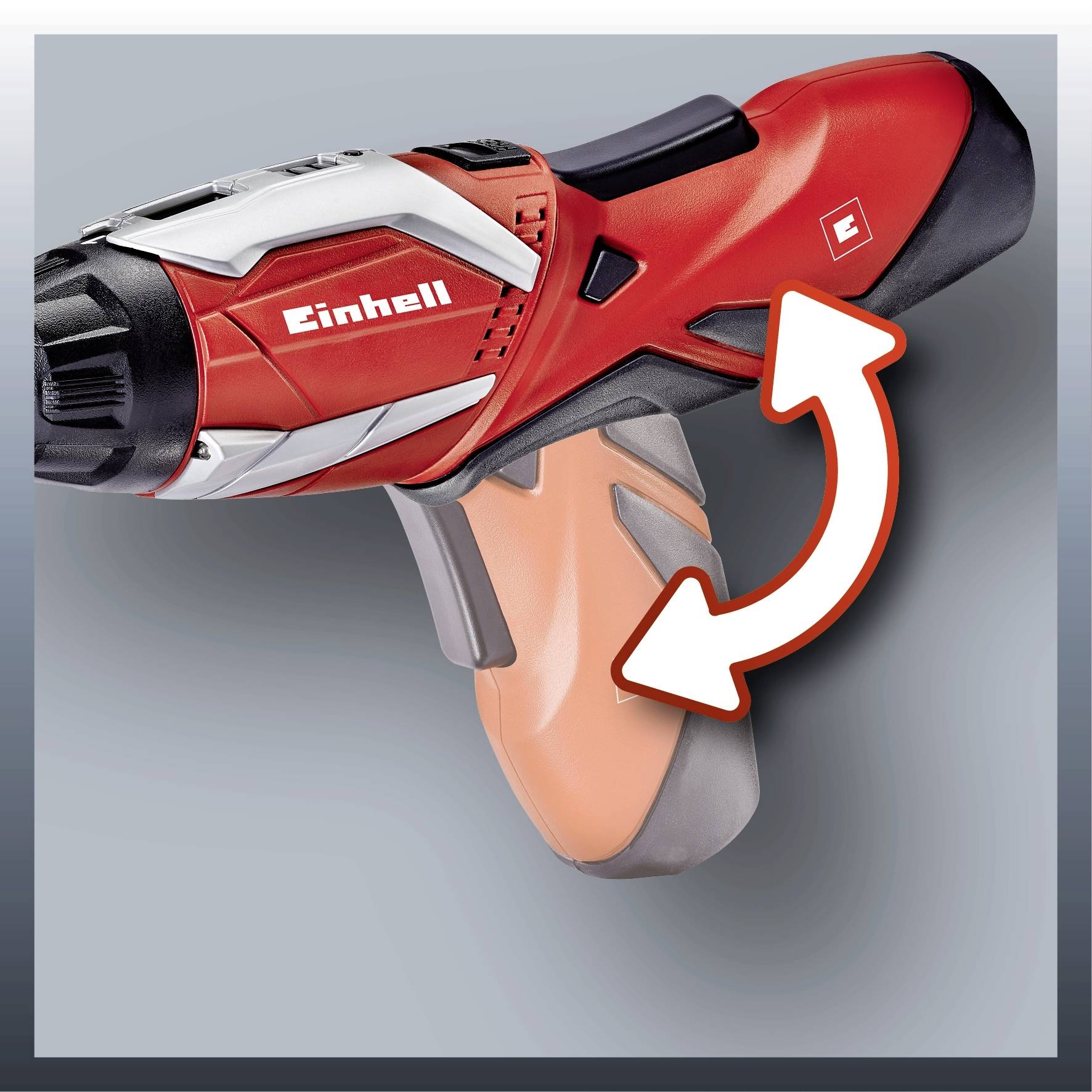 Image d'une visseuse à batterie rouge avec une poignée ergonomique et une flèche pointant vers la poignée. Marque : Einhell.