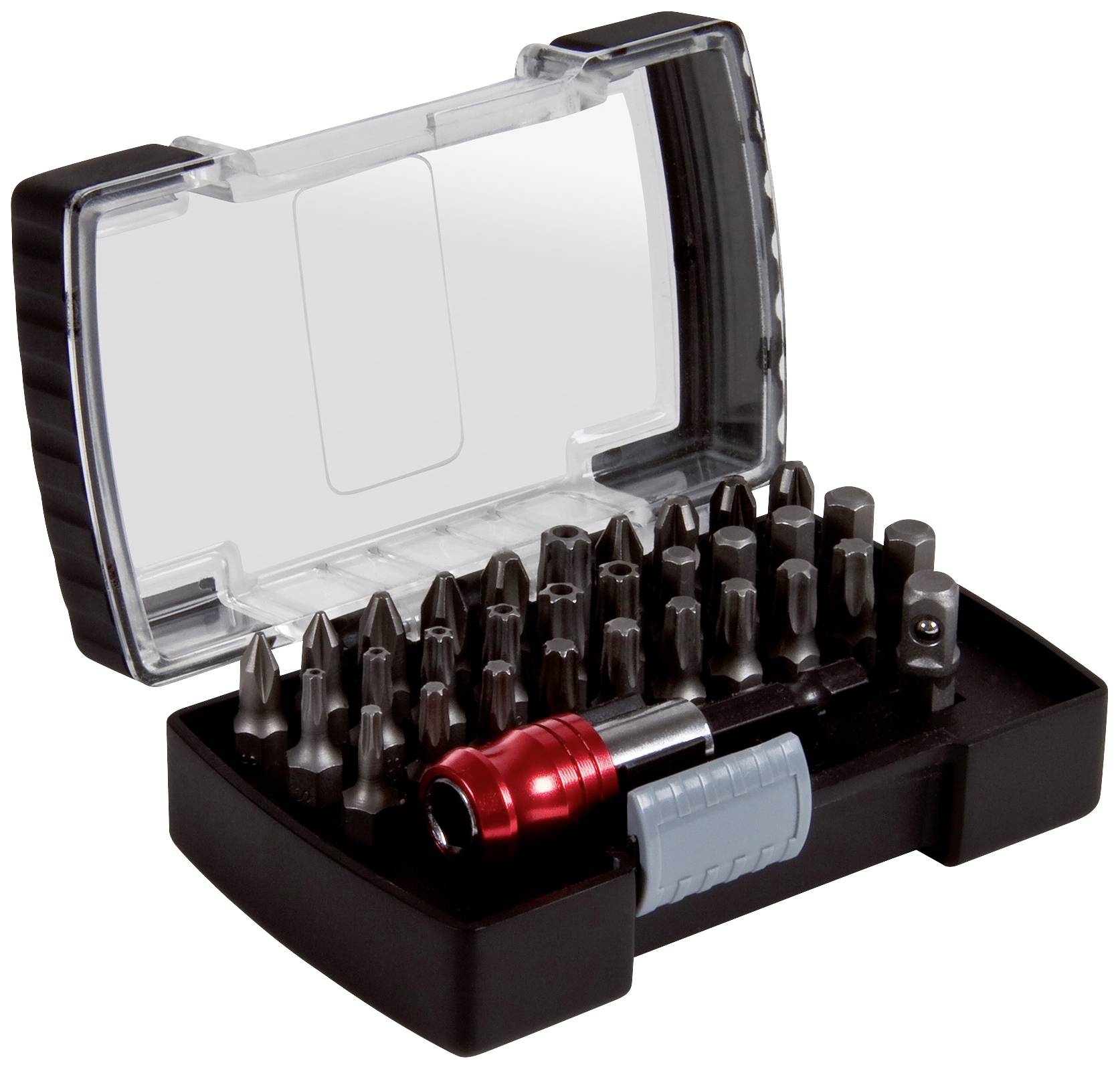 Un ensemble de plusieurs embouts de tournevis dans un boîtier noir ouvert avec un couvercle transparent, comprenant un porte-embout rouge.