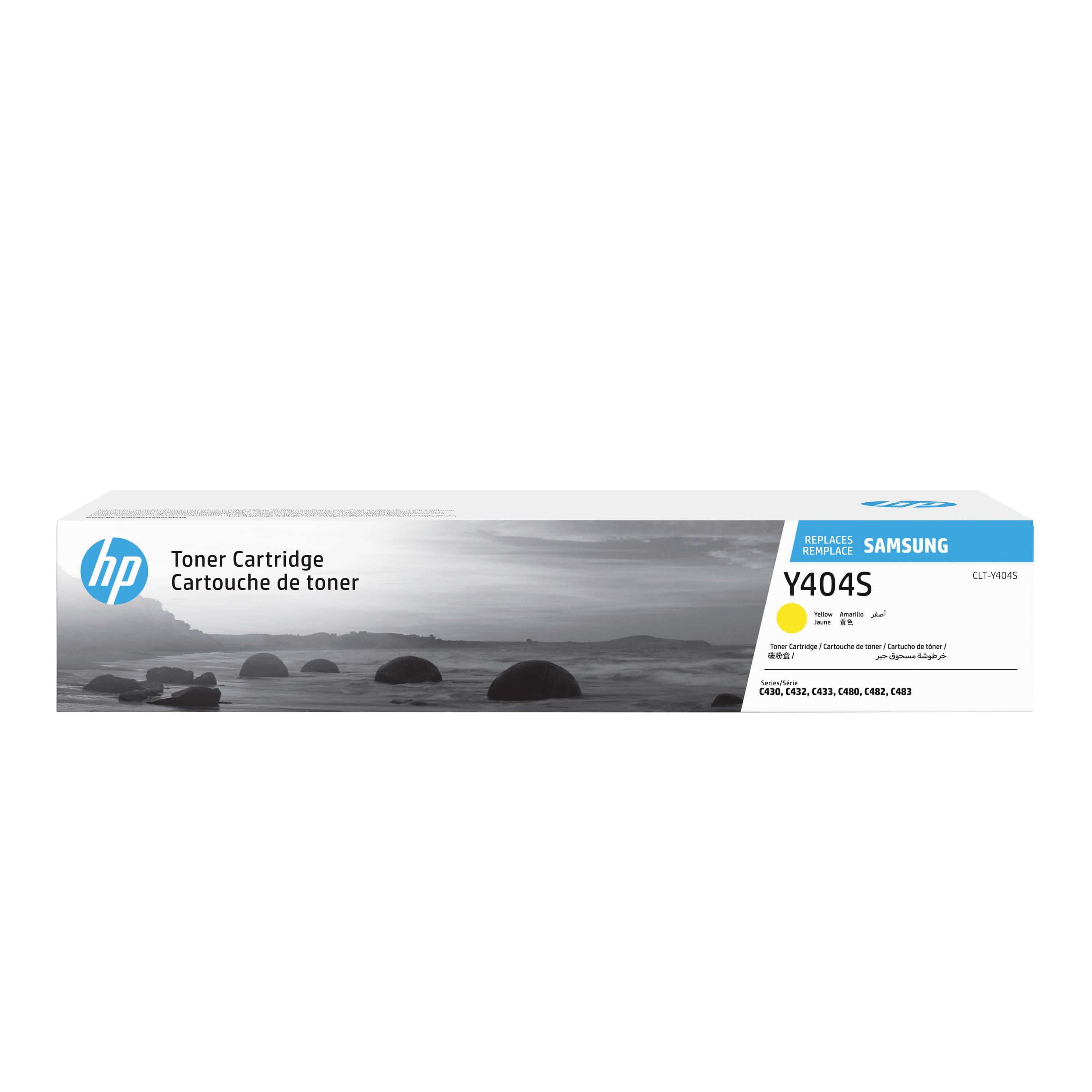 Boîte de cartouche de toner HP pour imprimantes Samsung, étiquetée Y404S, avec une image de paysage en niveaux de gris sur l'emballage.