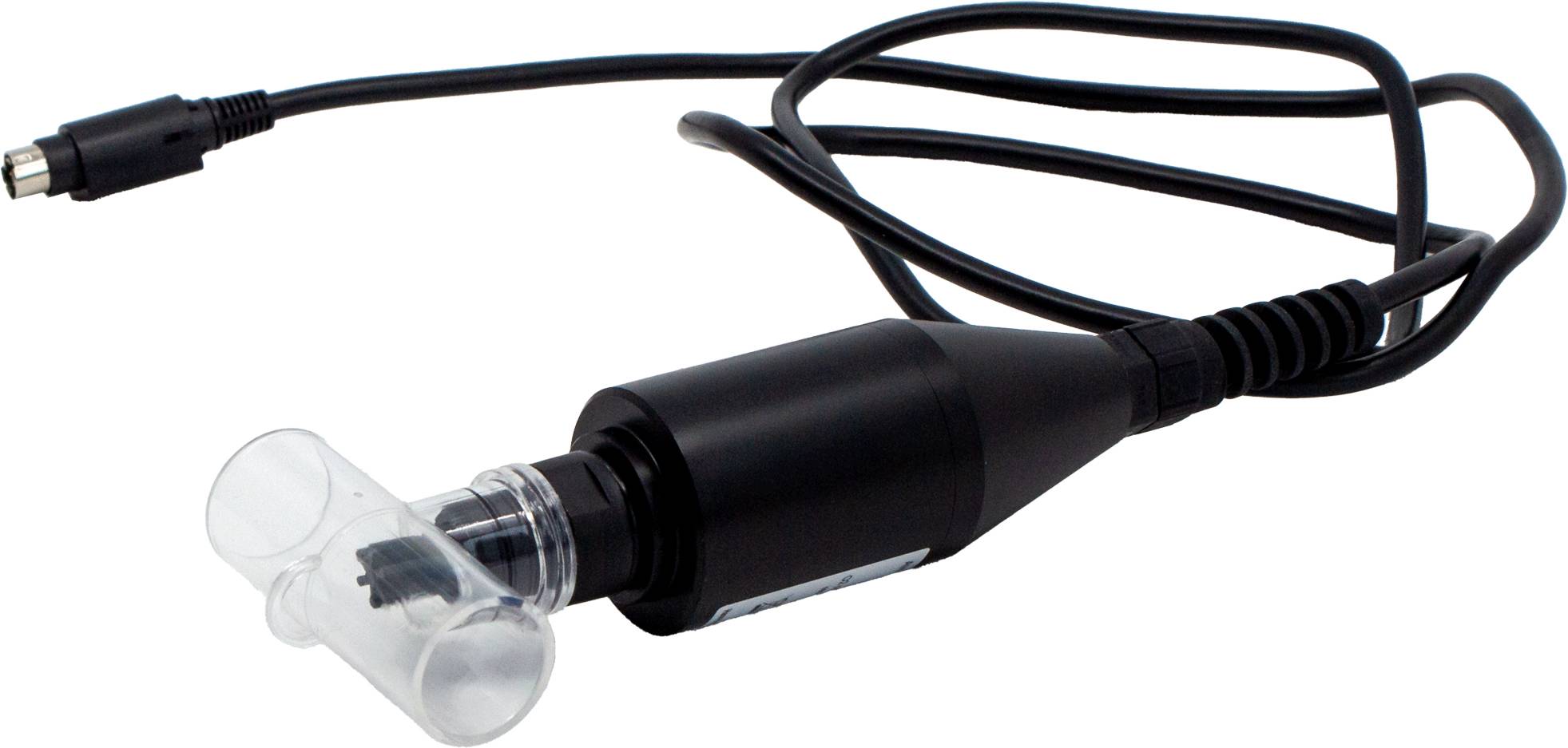 Un appareil électronique noir avec un câble, probablement un capteur ou une sonde, avec une partie avant en plastique transparent.