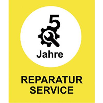 Panneau jaune avec cercle blanc, symbole d'engrenage et de clé anglaise, texte « 5 ans » et « SERVICE DE RÉPARATION ».