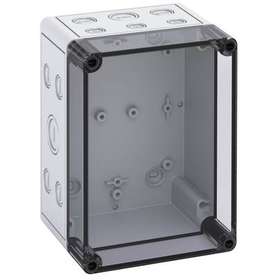 Boîtier de raccordement électrique rectangulaire transparent avec plusieurs ouvertures de câbles sur les côtés et un couvercle avant amovible.