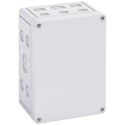 Boîte de dérivation en plastique blanc avec plusieurs ouvertures rondes sur les côtés et le dessus pour les câblages électriques.