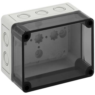Boîte de jonction électrique grise en plastique avec couvercle transparent, adaptée pour protéger les connexions et les câbles.