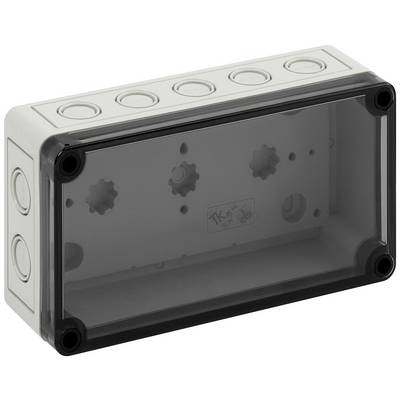 Boîte rectangulaire en plastique gris-noir avec plusieurs ouvertures rondes sur les côtés. Ne contient aucun composant électrique.
