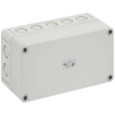 Boîte de connexion électrique gris-blanc avec couvercle amovible et plusieurs entrées de câbles sur le dessus et les côtés.