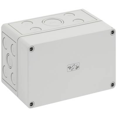 Boîtier rectangulaire gris avec ouvertures rondes et fermetures à vis, adapté pour les installations électriques, portant la mention 'TK'.