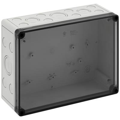 Boîte de dérivation en plastique grise avec couvercle transparent, montrant un intérieur vide avec des ouvertures de passage préformées.
