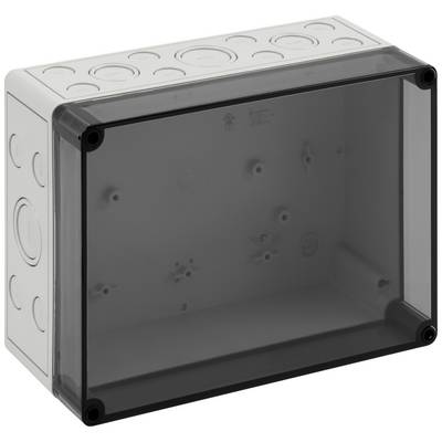 Boîtier rectangulaire en plastique gris avec couvercle transparent, adapté aux installations électriques.