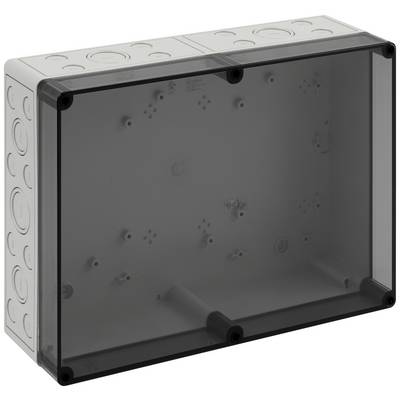 Boîte rectangulaire grise en plastique avec plusieurs entrées de câbles préformées sur les côtés et un couvercle transparent.