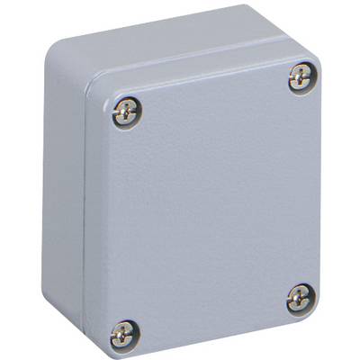 Un boîtier rectangulaire gris avec des coins arrondis, fixé aux coins par quatre vis.
