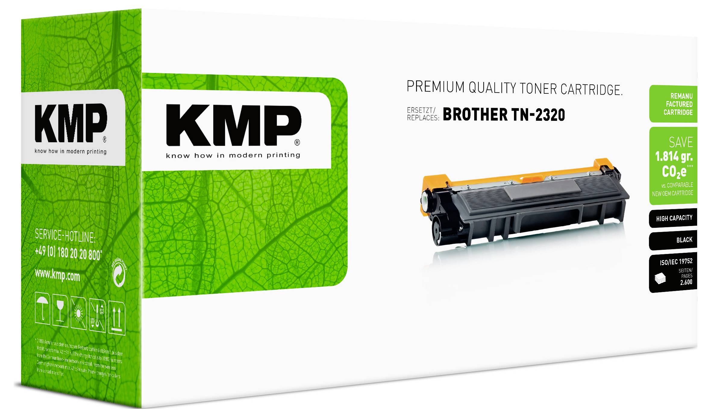 Emballage de cartouche de toner KMP de qualité premium pour Brother TN-2320, montrant la cartouche et le design de boîte verte.