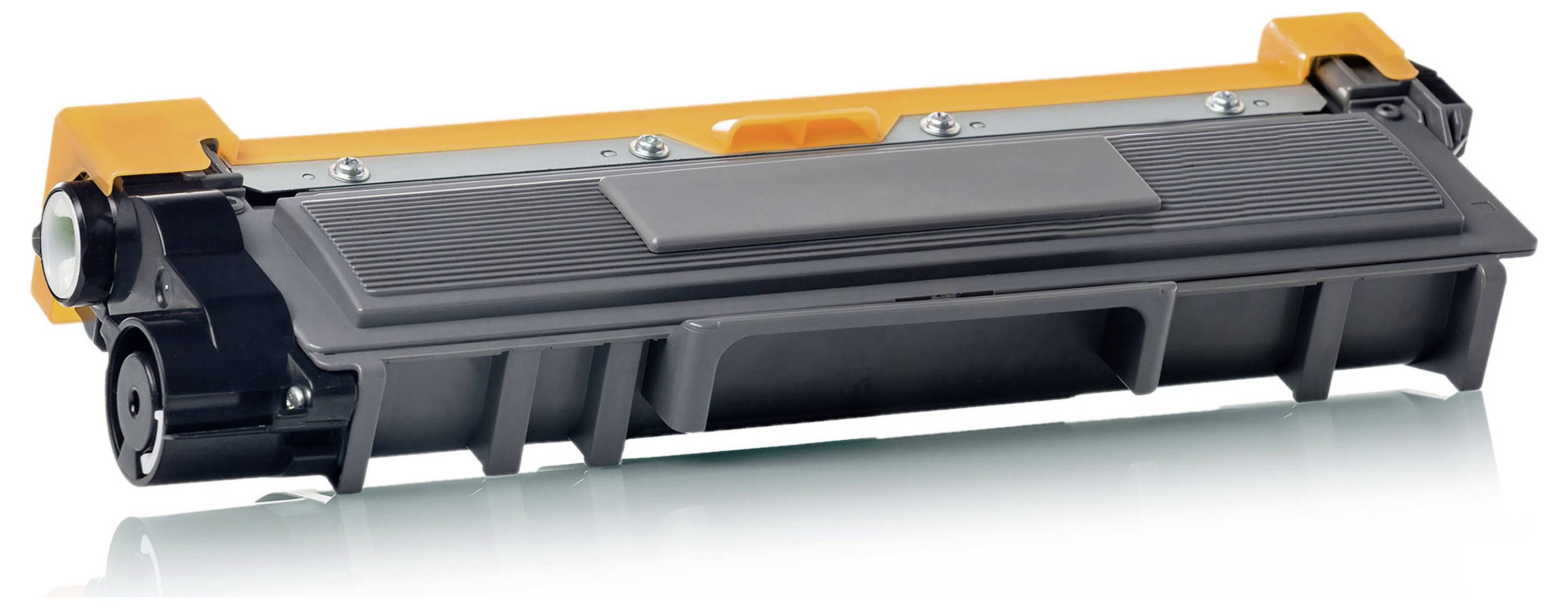 Cartouche de toner noir avec des clips orange, présentée sur un fond blanc.