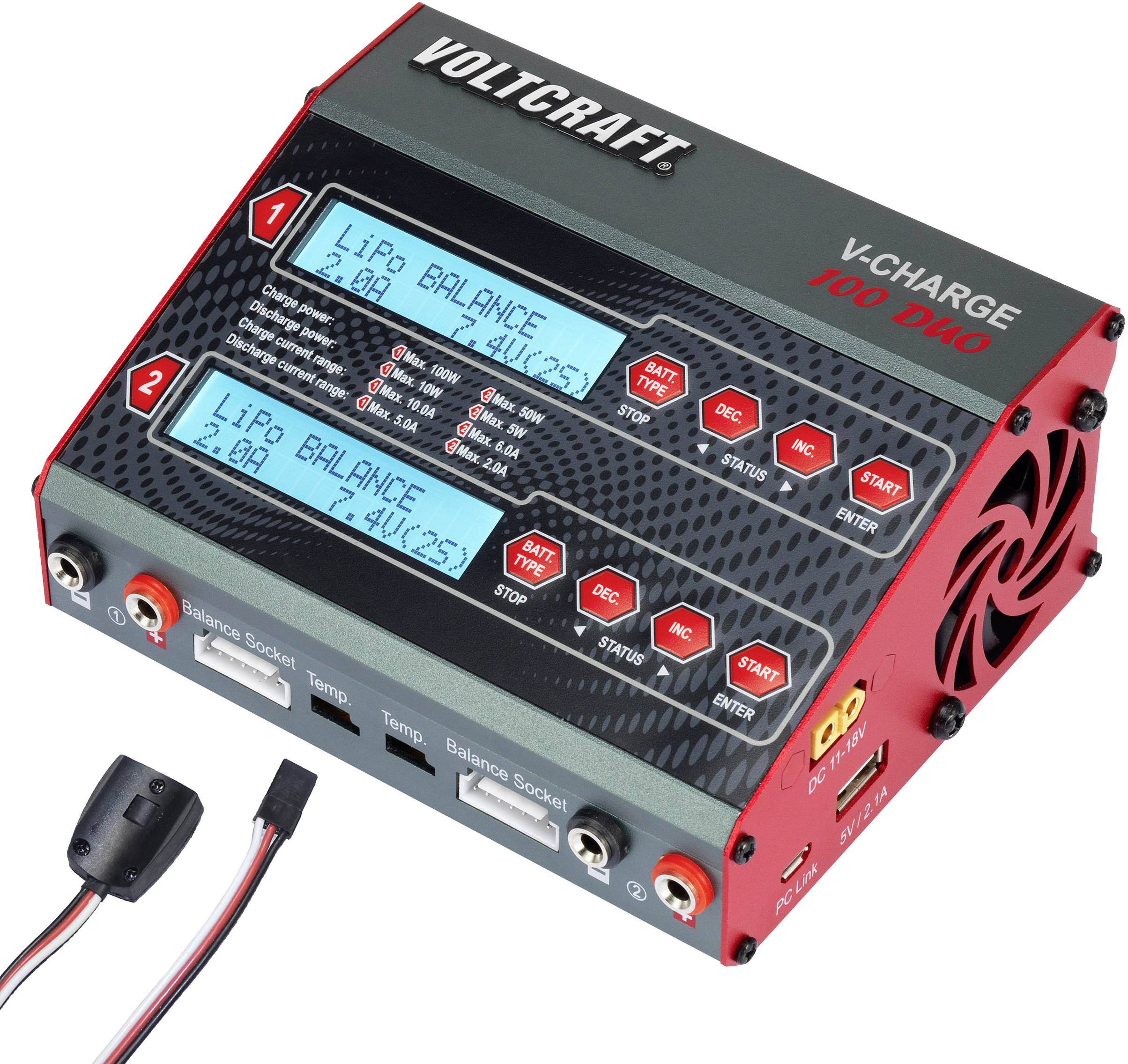 Chargeur pour modèles radiocommandés avec deux canaux indépendants. Les écrans LCD affichent 'LiPo BALANCE' et les informations de charge. Marque 'VOLTCRAFT'.