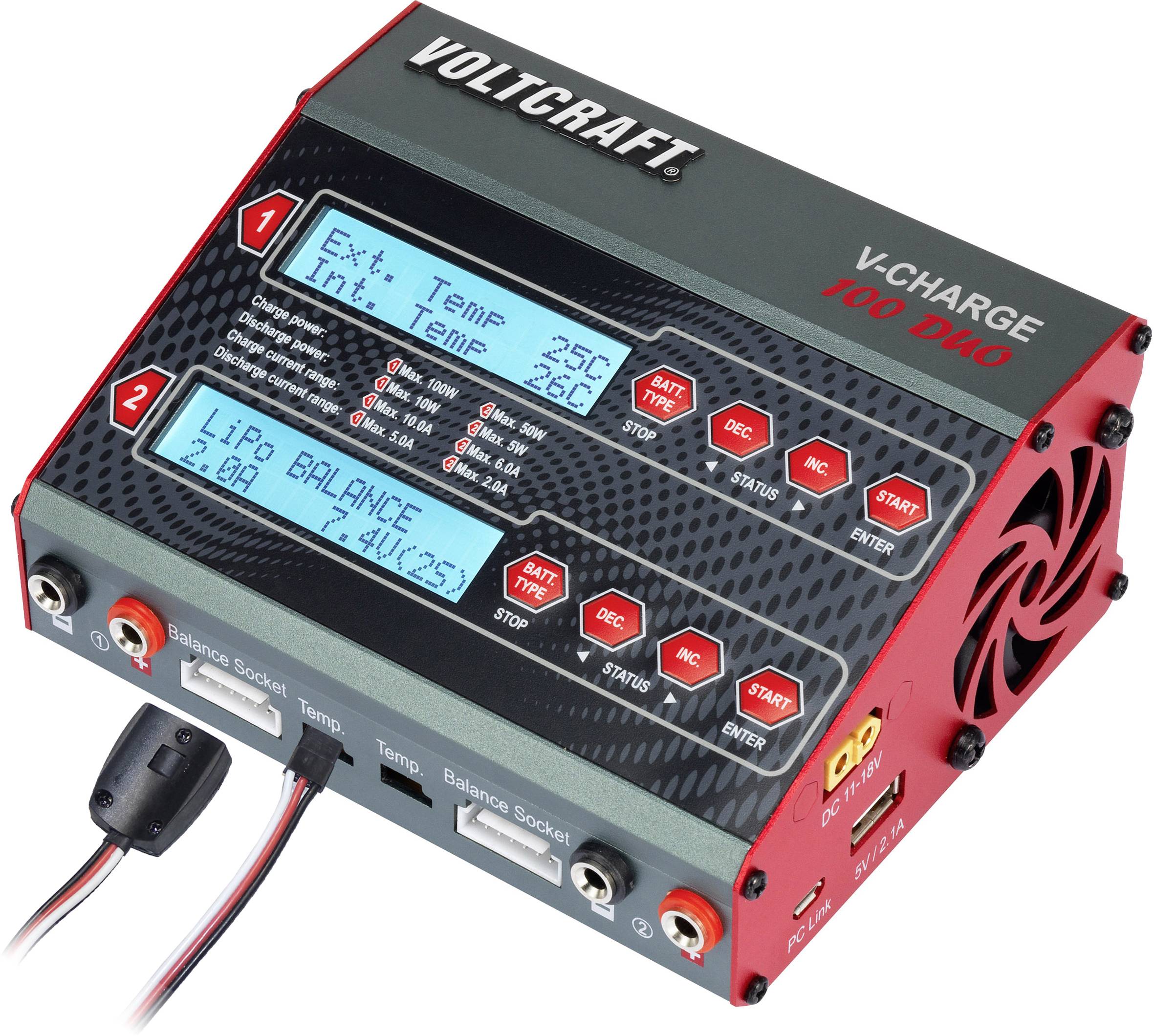 Chargeur doté de deux affichages indiquant 'Temp. ext. 25°C' et 'Équilibrage LiPo 2,80A'. Touches et connexions rouges. Marquage : V-Charge 100 Duo.