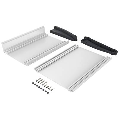 Ensemble de barres de toit en aluminium comprenant deux rails, quatre vis et des fixations en plastique.