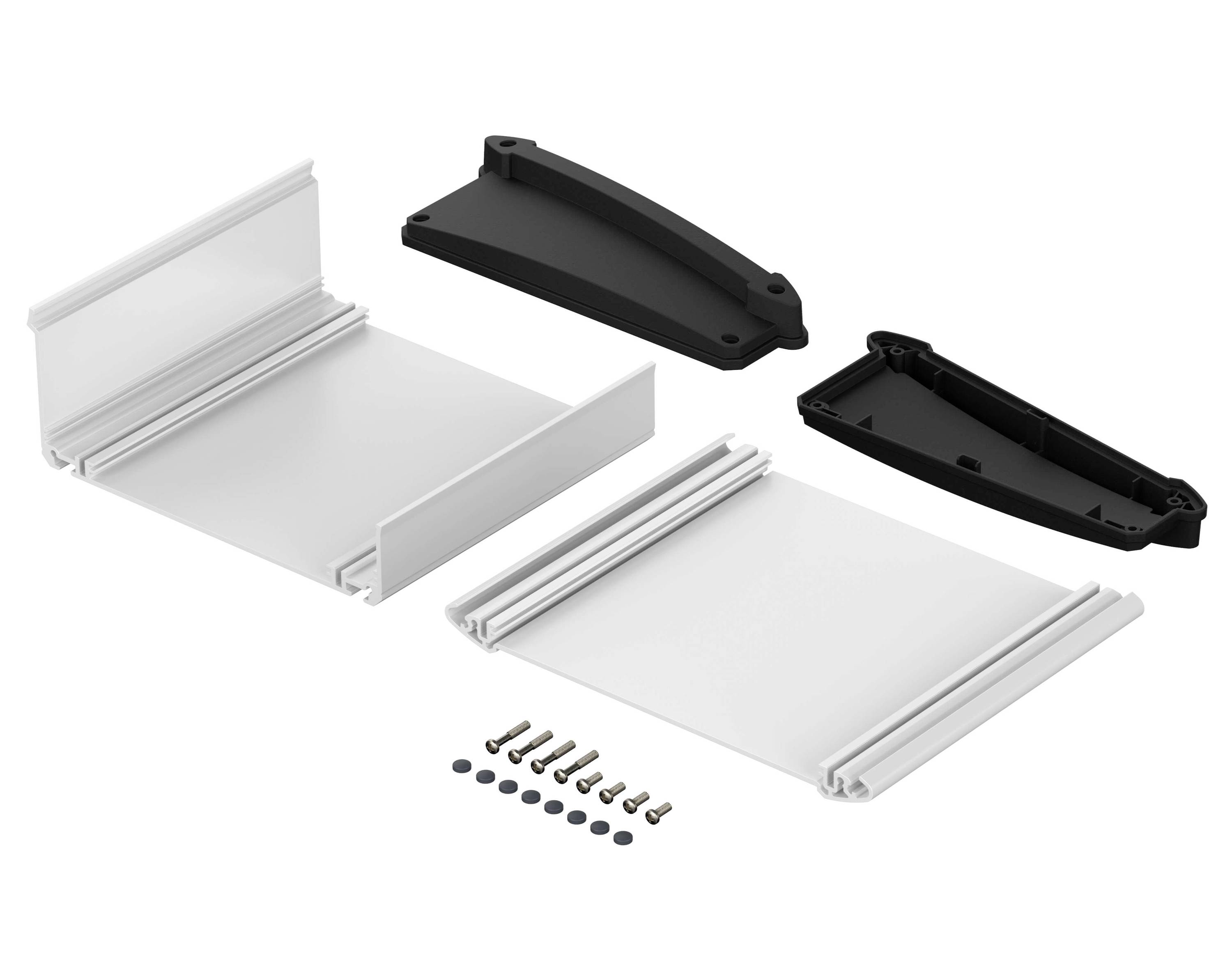 Quatre parties séparées d'un ensemble de boîtier mécanique avec des vis et des capuchons de vis sur un fond blanc.