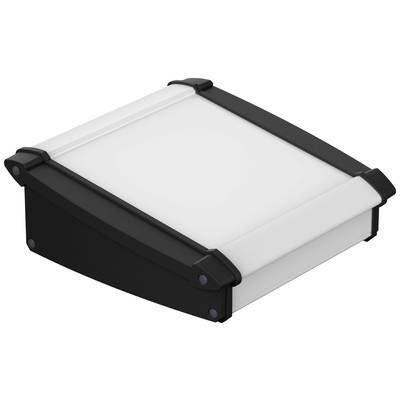 Un boîtier noir, rectangulaire avec des coins arrondis et un couvercle blanc et opaque.
