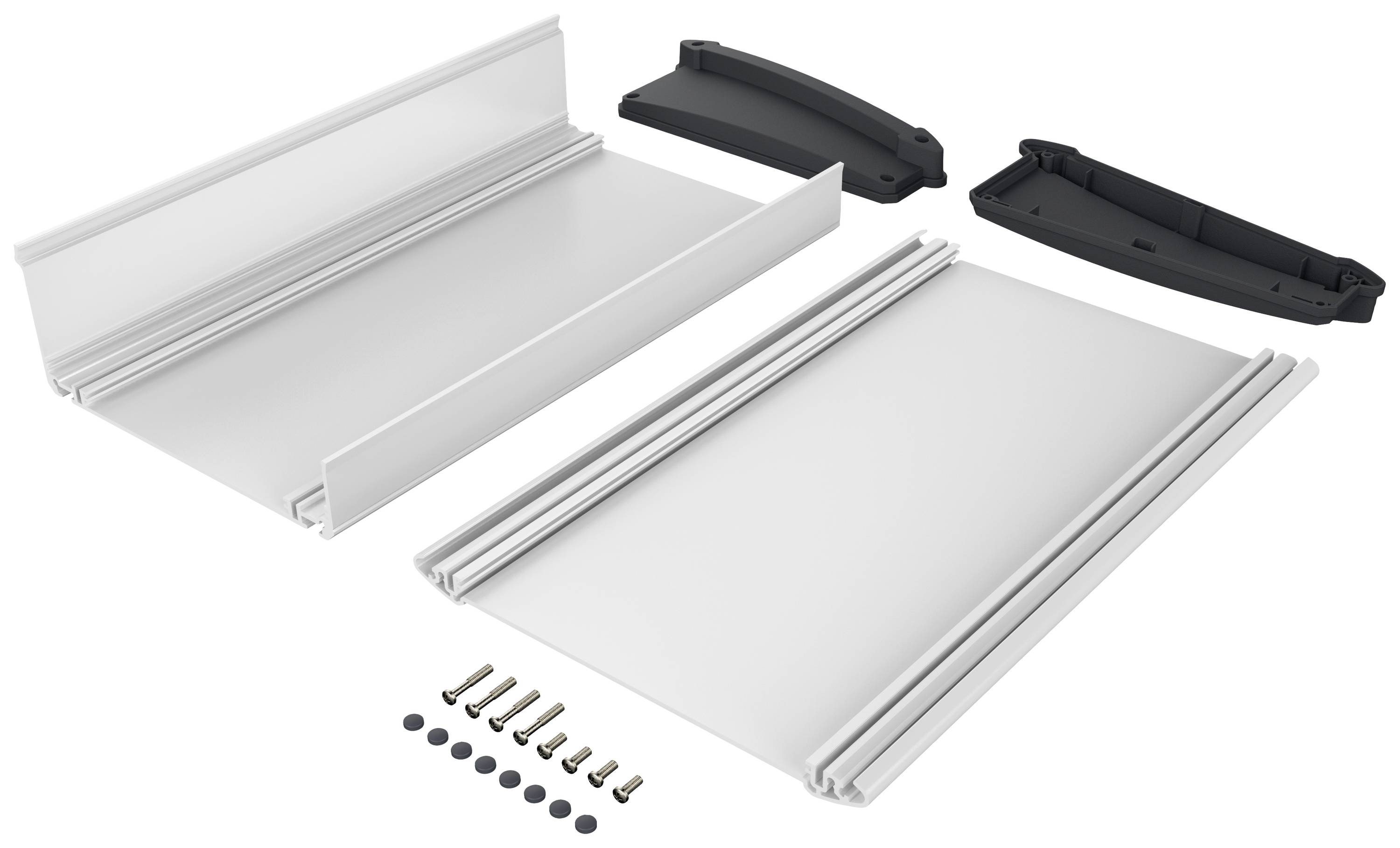 Ensemble de montage blanc composé de deux plaques en plastique, de capuchons d'extrémité noirs et de vis. Contient toutes les pièces nécessaires pour une fixation facile.