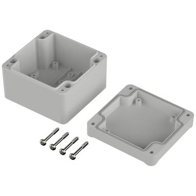 Un boîtier en plastique gris à deux parties, avec quatre vis assorties. Idéal pour les installations électriques.