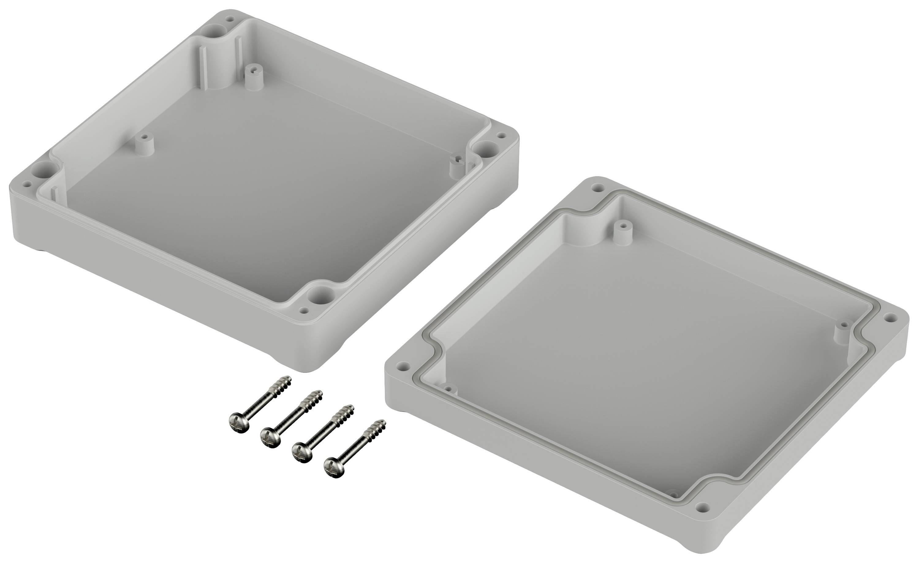 Pièces de boîtier ouvertes avec quatre vis à côté, montrant les composants de montage d'un boîtier rectangulaire en plastique.