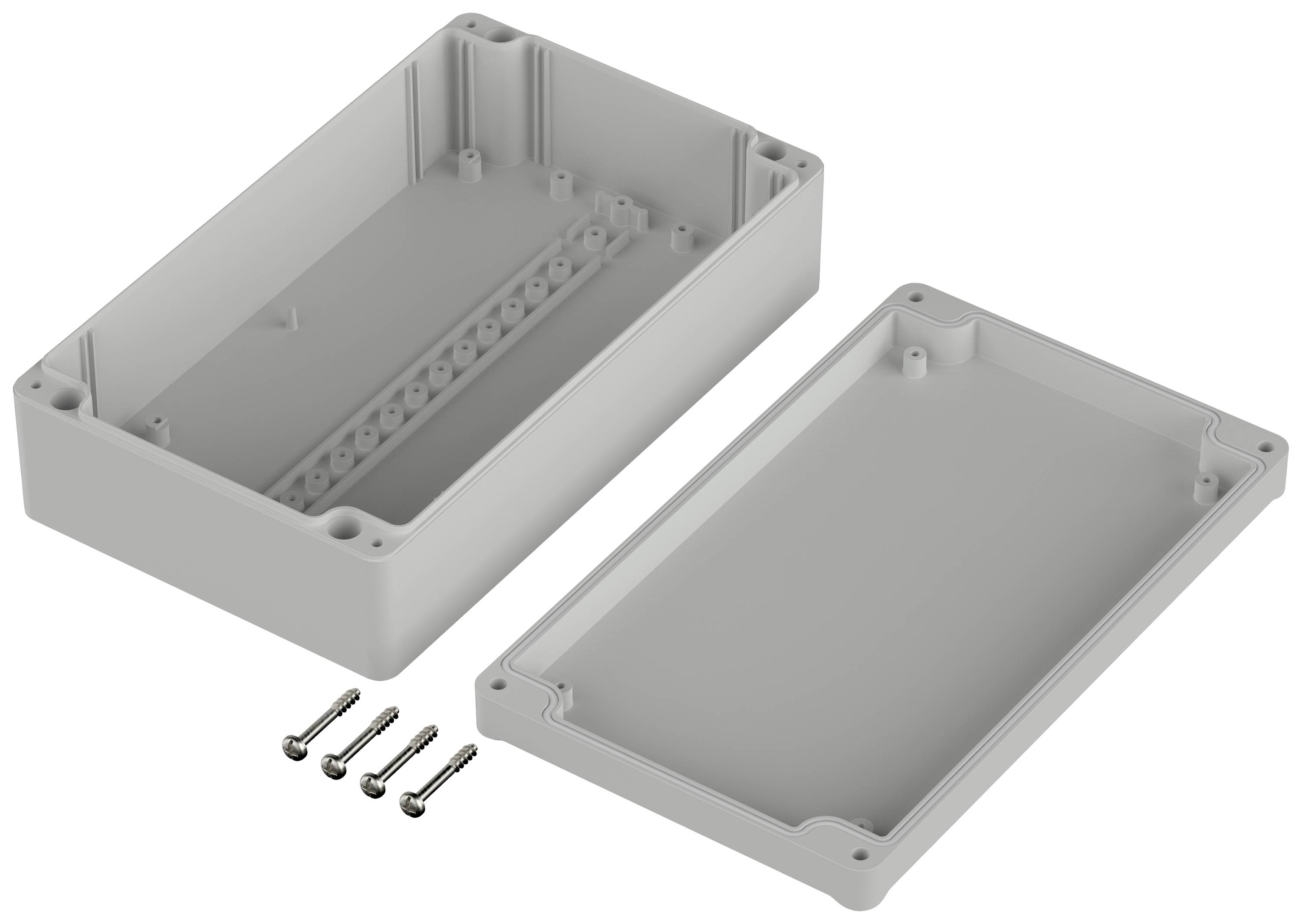 Boîtier rectangulaire gris en plastique avec couvercle amovible et quatre vis. Adapté pour les composants électroniques.