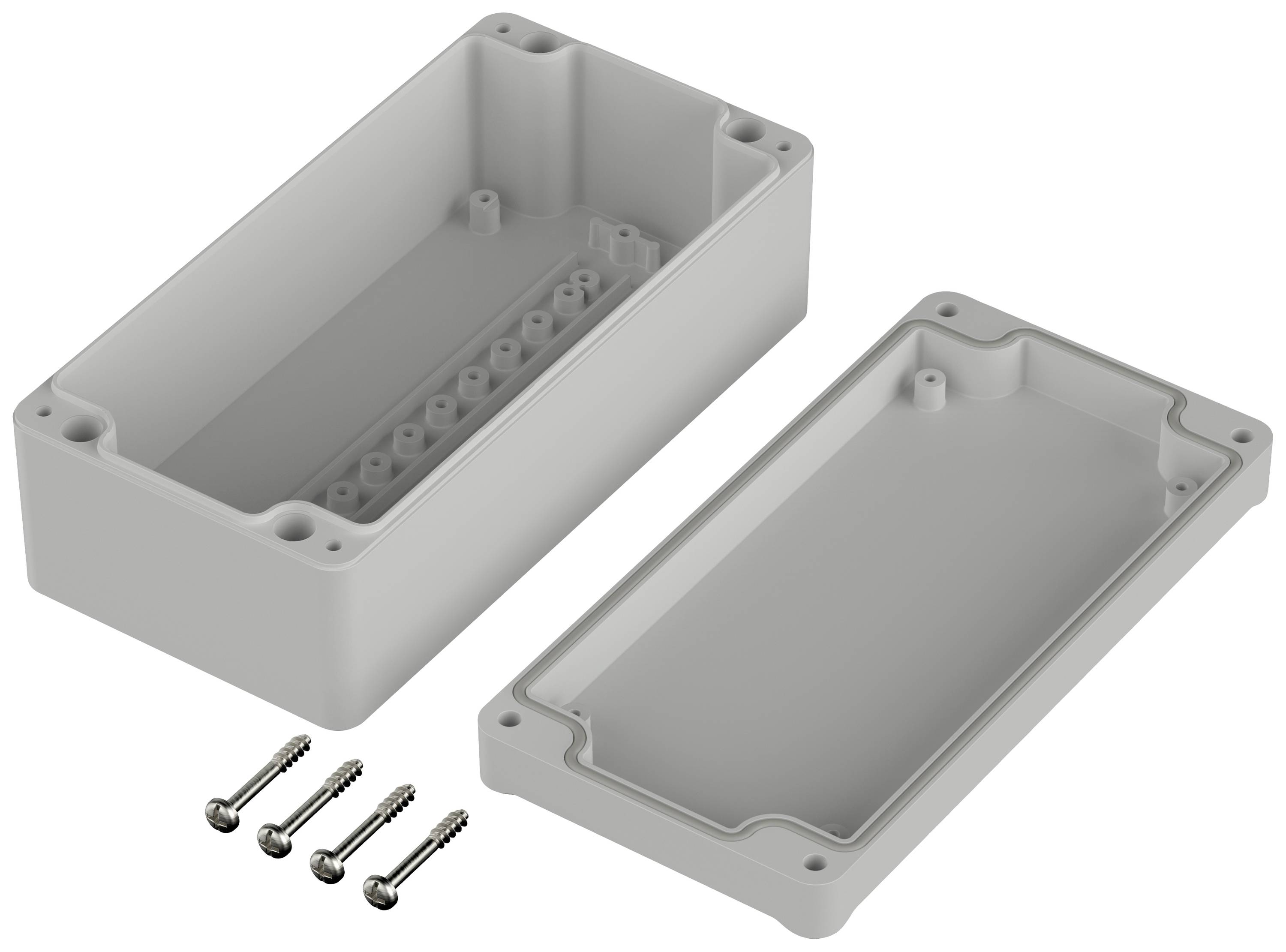 Boîtier en plastique en deux parties, avec quatre vis à côté. Adapté pour le stockage de composants électroniques.