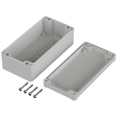 Boîtier en plastique en deux parties, avec quatre vis à côté. Adapté pour le stockage de composants électroniques.