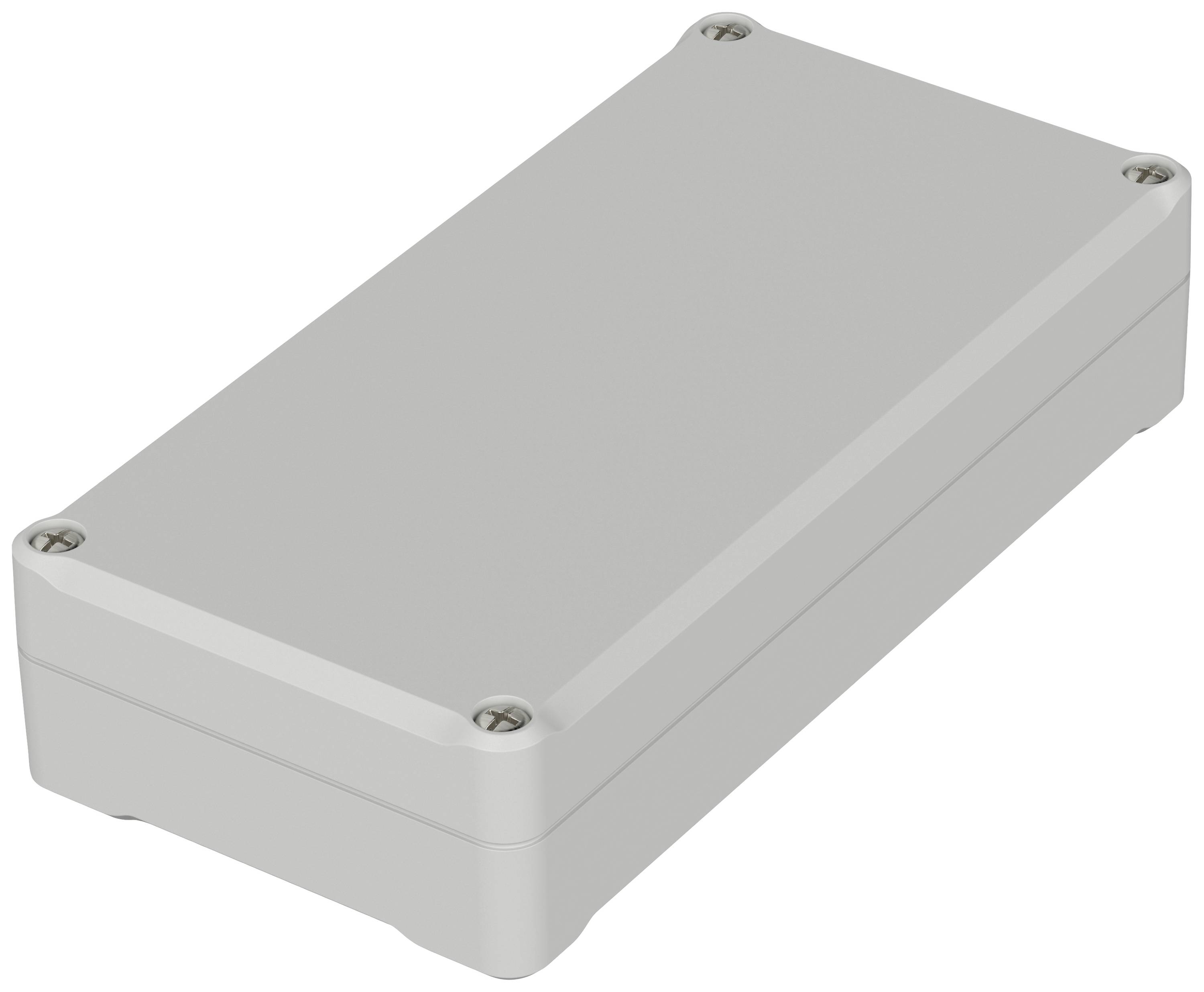 Boîtier rectangulaire en plastique gris avec des vis aux coins, probablement destiné à des composants électroniques.