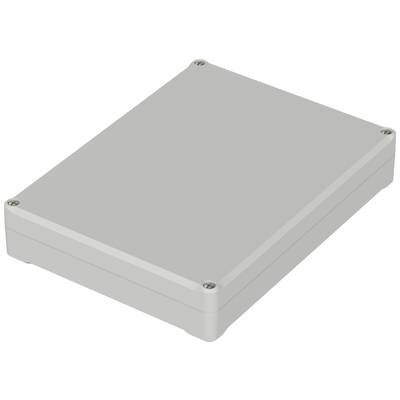 Un boîtier rectangulaire gris avec des coins arrondis et quatre vis visibles aux angles.