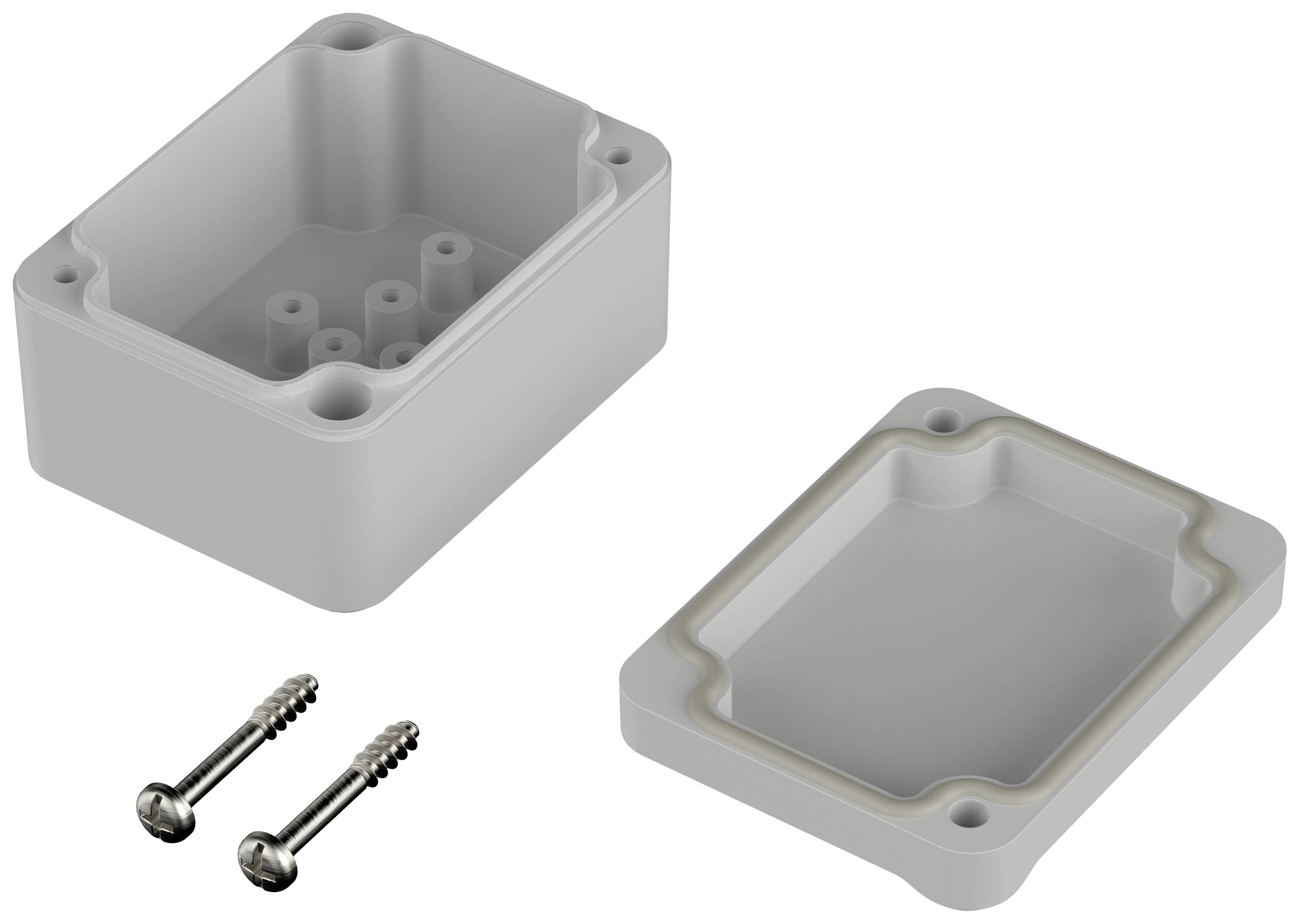 Boîtier en plastique gris en deux parties, posé à côté de deux vis, ouvert, pour une utilisation électrique ou électronique.