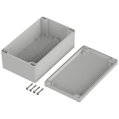 Boîtier rectangulaire en plastique, ouvert, avec quatre vis.